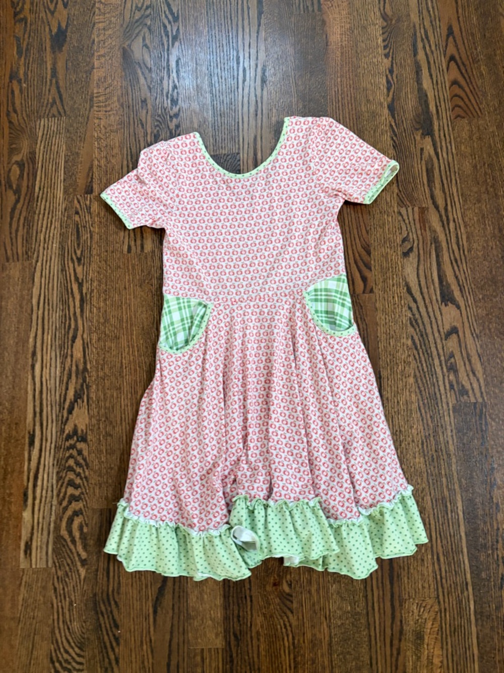 Girls' Red Apple Patterned Casual Dress with Green Trim